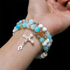 Chapelet bracelet en gypse et agate veine bleue : dévotion et sérénité céleste