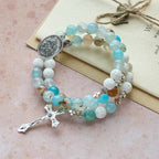 Chapelet bracelet en gypse et agate veine bleue : dévotion et sérénité céleste