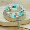 Chapelet bracelet en gypse et agate veine bleue : dévotion et sérénité céleste