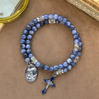 Bracelet Chapelet en Fil à Mémoire avec Pierre Bleue et Sainte Famille