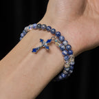 Bracelet Chapelet en Fil à Mémoire avec Pierre Bleue et Sainte Famille