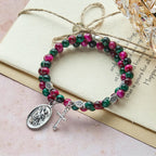 Bracelet chapelet en fil mémoire œil de tigre bicolore avec Saint Michel
