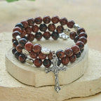 Chapelet bracelet en fil à mémoire de forme obsidienne acajou naturelle avec Jésus