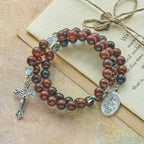 Chapelet bracelet en fil à mémoire de forme obsidienne acajou naturelle avec Jésus