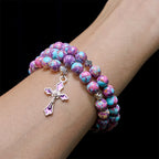 Bracelet Chapelet en Fil de Mémoire Jaspe Impérial Violet avec Crucifix Émaillé