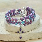 Bracelet Chapelet en Fil de Mémoire Jaspe Impérial Violet avec Crucifix Émaillé