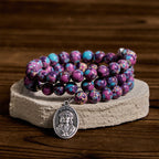 Bracelet Chapelet en Fil de Mémoire Jaspe Impérial Violet avec Crucifix Émaillé