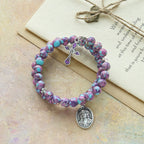 Bracelet Chapelet en Fil de Mémoire Jaspe Impérial Violet avec Crucifix Émaillé