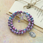 Bracelet Chapelet en Fil de Mémoire Jaspe Impérial Violet avec Crucifix Émaillé
