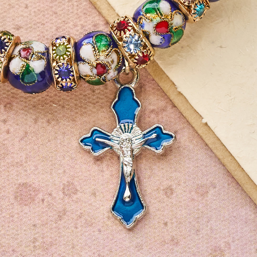 Bracelet détaillé en perles de cloisonné bleues avec crucifix