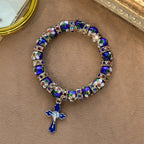 Bracelet détaillé en perles de cloisonné bleues avec crucifix