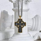 Collier croix orné bicolore : Icône de saint et ange - Artisanat détaillé