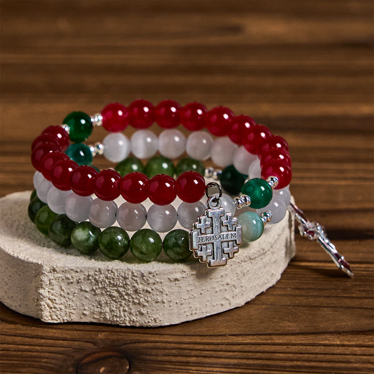 Bracelet Chapelet en Agate de Jade de Noël : Foi & Dévotion Festive