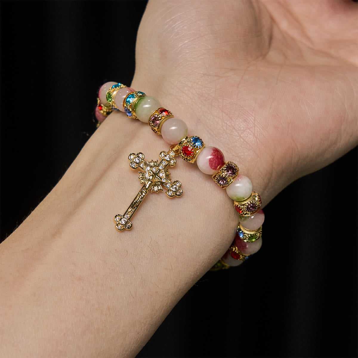 Bracelet scintillant de tourmaline dévotionnelle avec crucifix doré orné