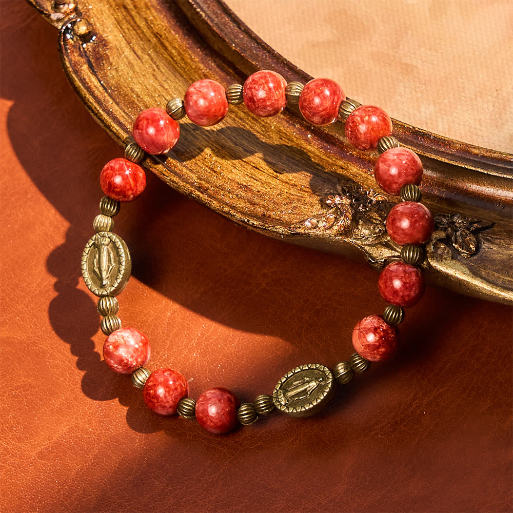 Pulsera de Vidrio Rojo y Verde Vintage con Medalla Milagrosa: Recordatorio de Fe y Gracia para Uso Diario