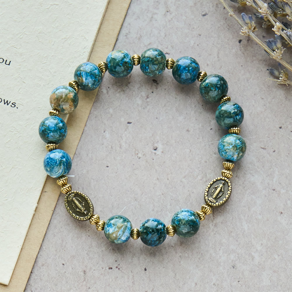 Bracelet de dévotion vintage 10mm en perles bleues effet peinture à l'huile avec Médaille Miraculeuse