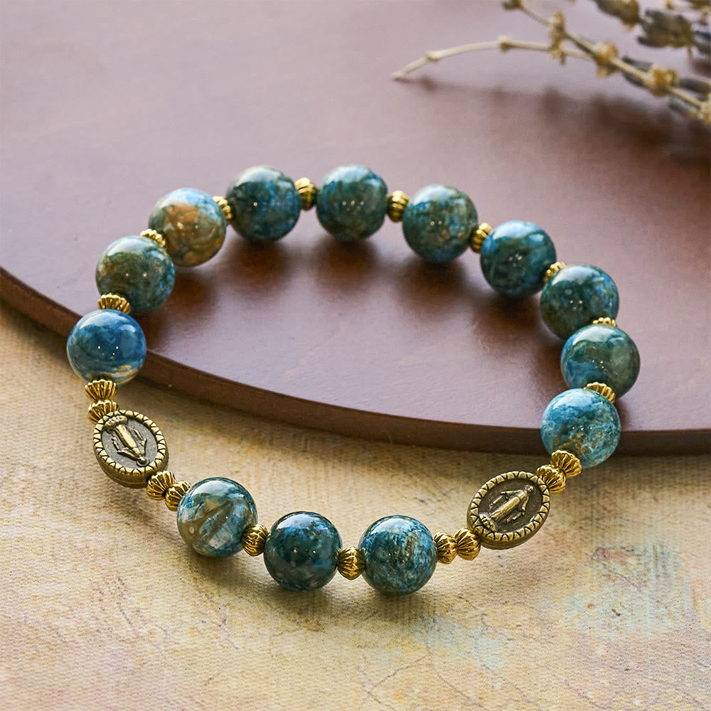 Bracelet de dévotion vintage 10mm en perles bleues effet peinture à l'huile avec Médaille Miraculeuse