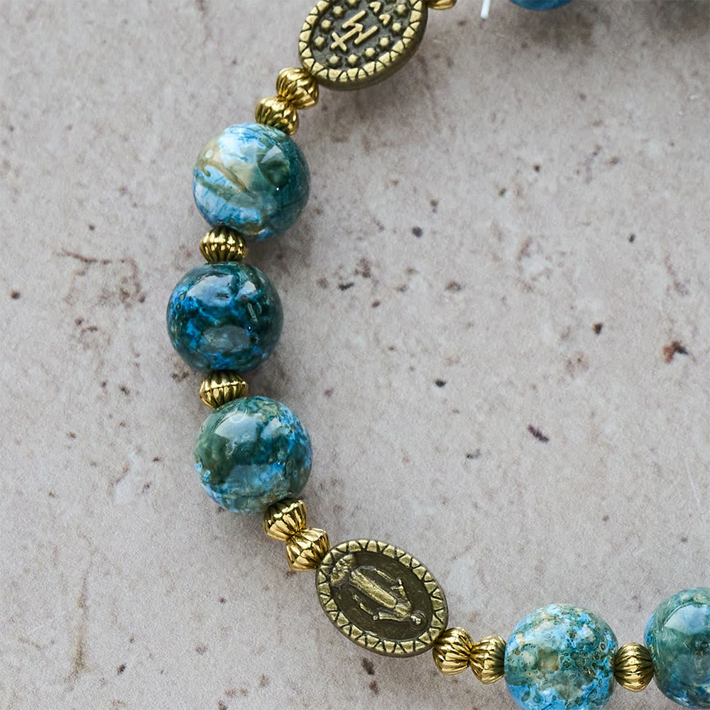 Bracelet de dévotion vintage 10mm en perles bleues effet peinture à l'huile avec Médaille Miraculeuse