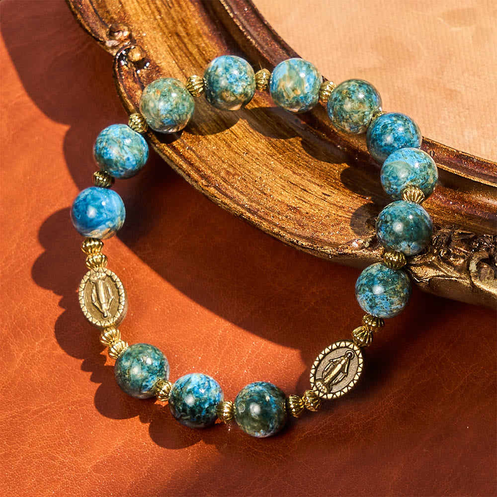 Bracelet de dévotion vintage 10mm en perles bleues effet peinture à l'huile avec Médaille Miraculeuse