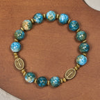 Bracelet de dévotion vintage 10mm en perles bleues effet peinture à l'huile avec Médaille Miraculeuse