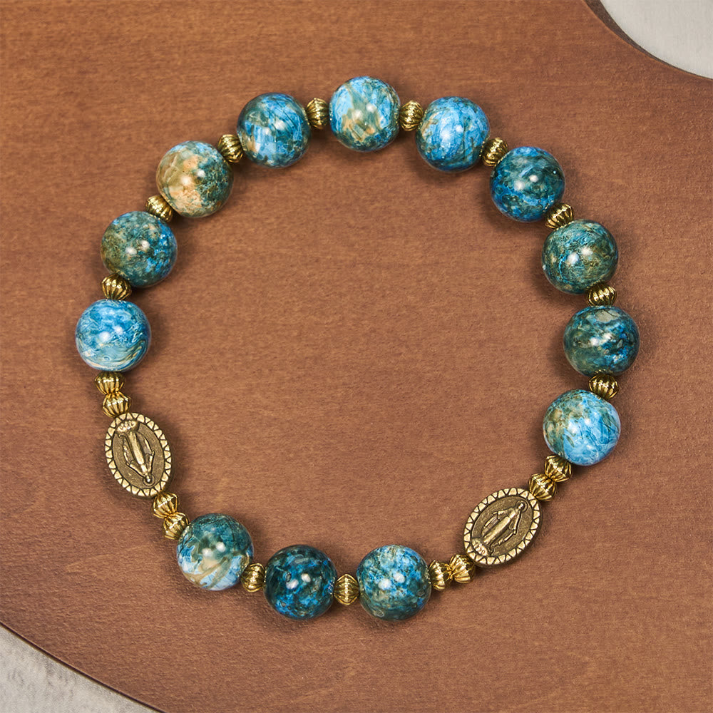 Bracelet de dévotion vintage 10mm en perles bleues effet peinture à l'huile avec Médaille Miraculeuse