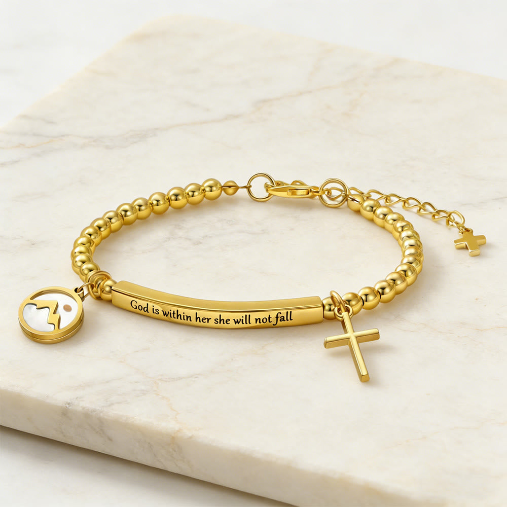 Bracelet Croix Graine de Moutarde et Perle Dorée avec Carte Cadeau "Dieu est en Elle"