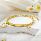 Bracelet Croix Graine de Moutarde et Perle Dorée avec Carte Cadeau "Dieu est en Elle"