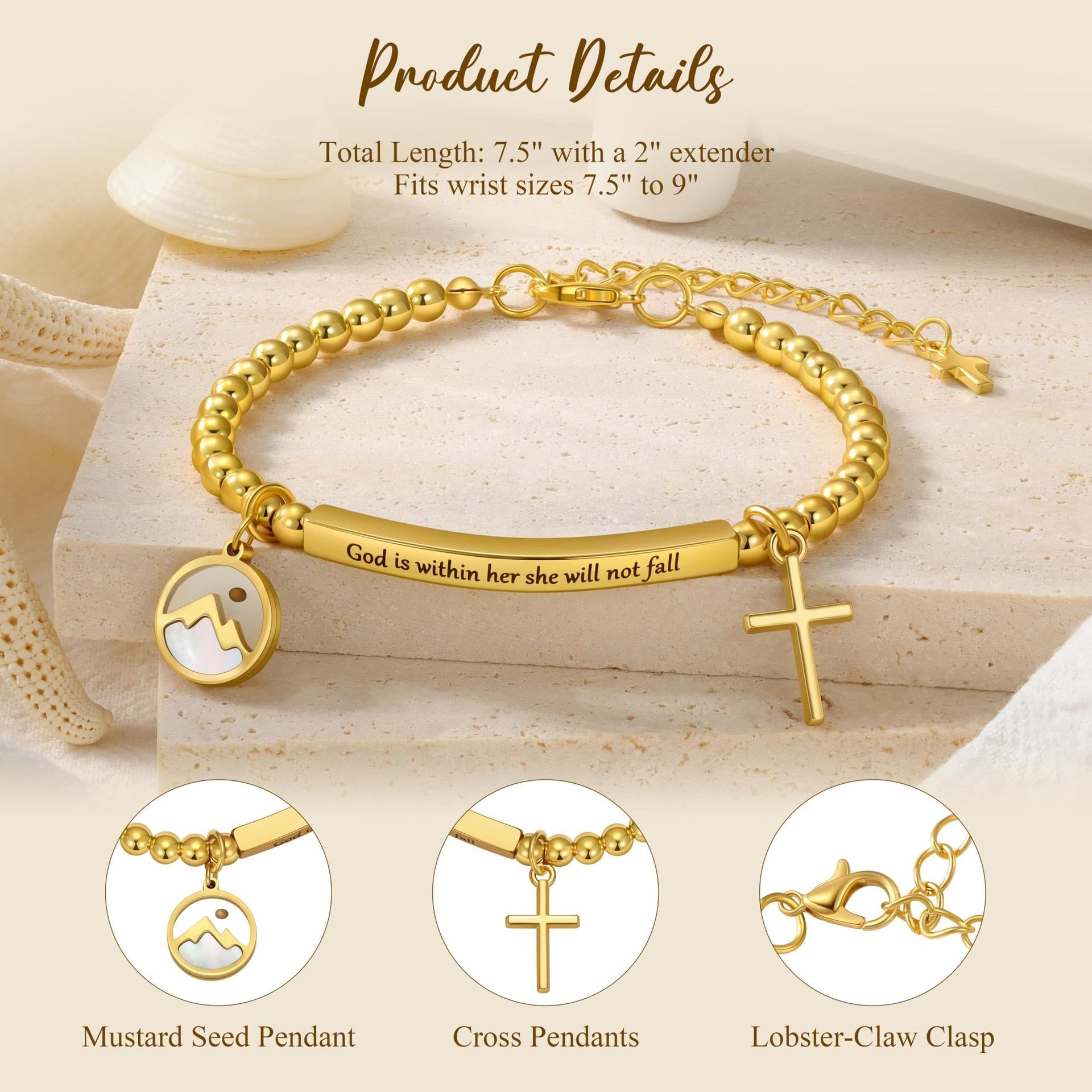 Bracelet Croix Graine de Moutarde et Perle Dorée avec Carte Cadeau "Dieu est en Elle"