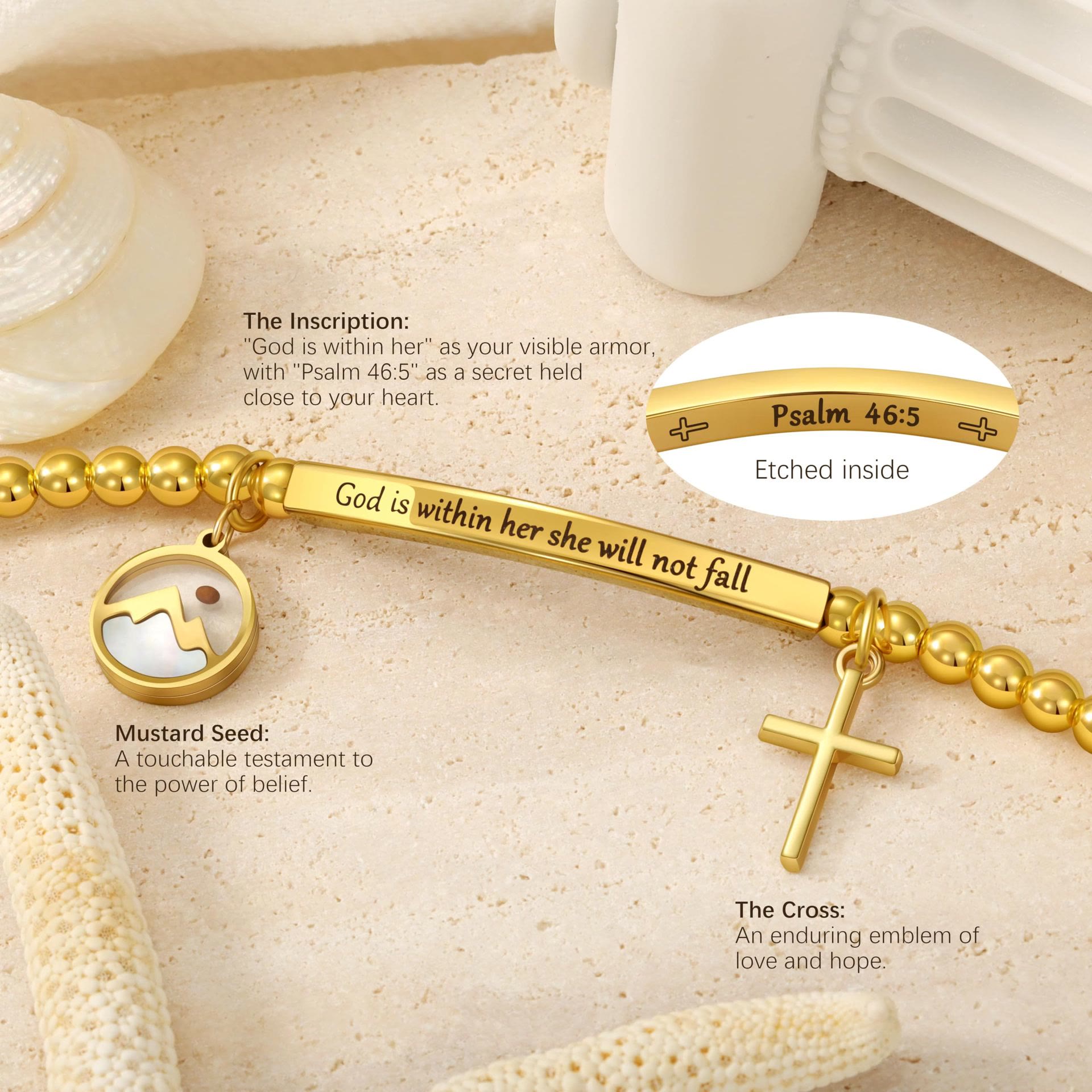 Bracelet Croix Graine de Moutarde et Perle Dorée avec Carte Cadeau "Dieu est en Elle"