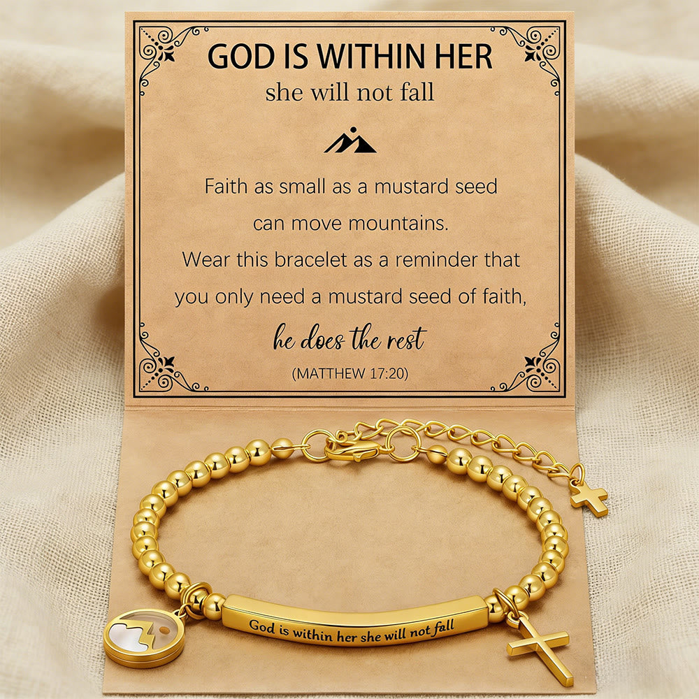 Bracelet Croix Graine de Moutarde et Perle Dorée avec Carte Cadeau "Dieu est en Elle"