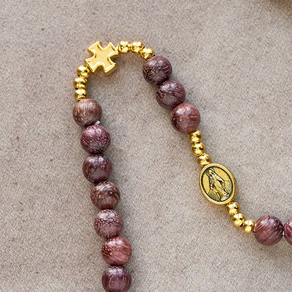 Pulsera de rosario de madera de perilla multicapa con cuentas terrosas y Nuestra Señora sagrada