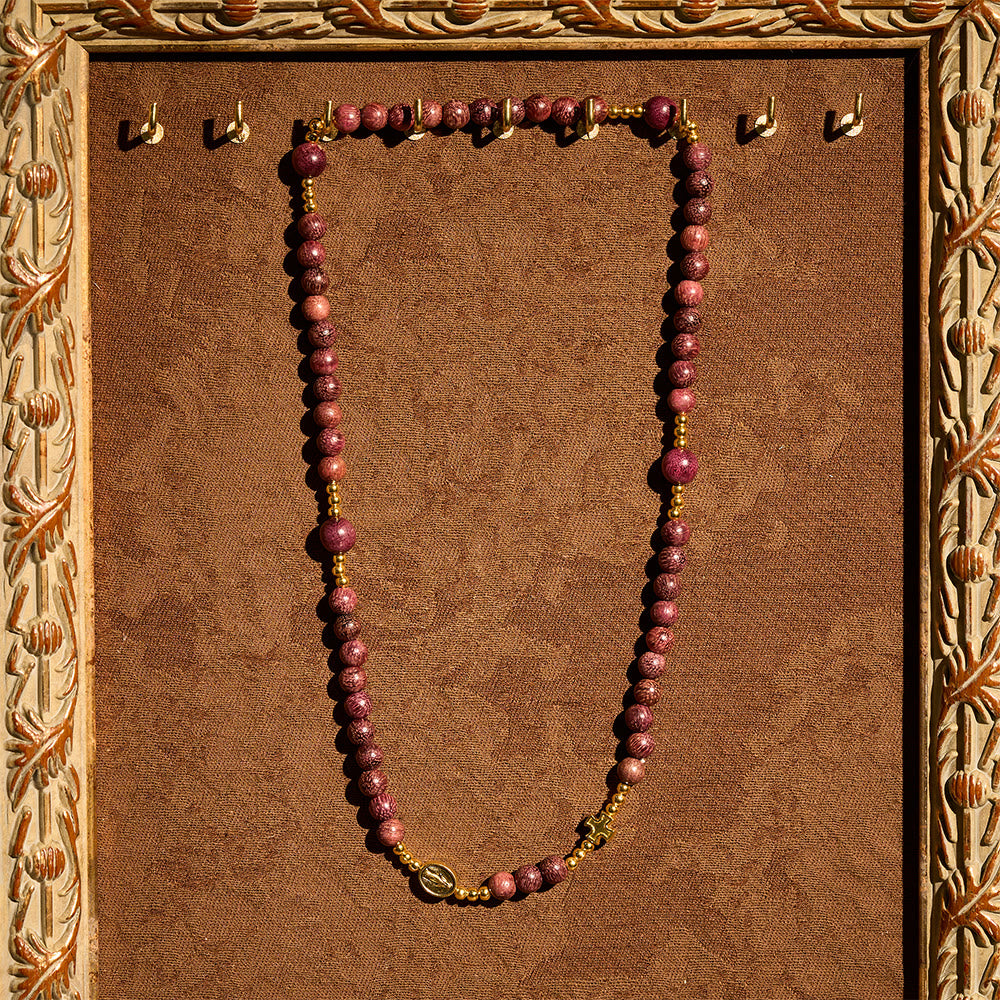 Pulsera de rosario de madera de perilla multicapa con cuentas terrosas y Nuestra Señora sagrada