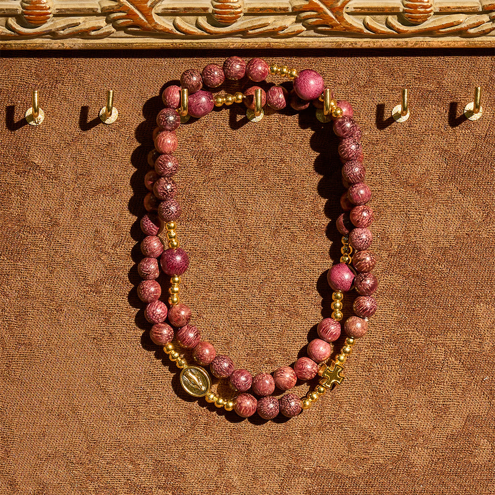 Pulsera de rosario de madera de perilla multicapa con cuentas terrosas y Nuestra Señora sagrada
