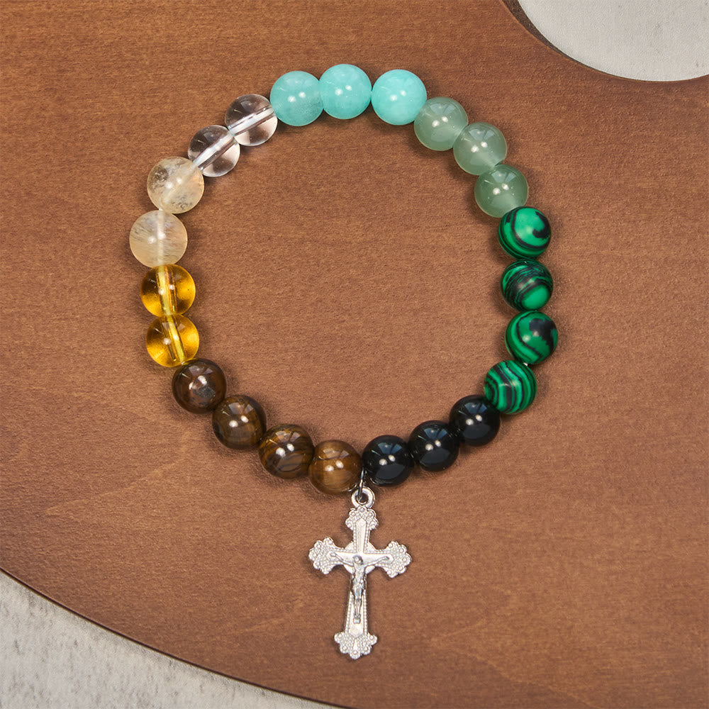 Pulsera de fe de piedras multinaturales con piedras surtidas y cruz: Fe que brilla naturalmente