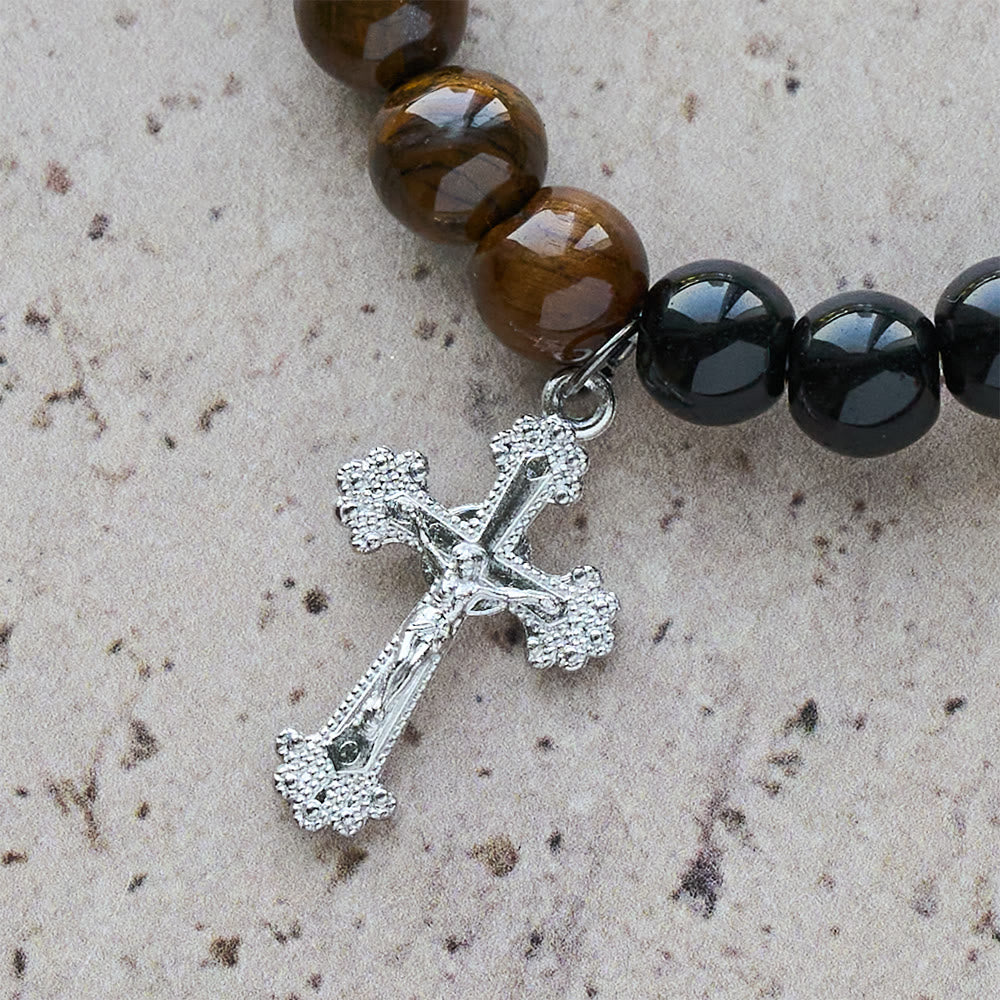 Pulsera de fe de piedras multinaturales con piedras surtidas y cruz: Fe que brilla naturalmente