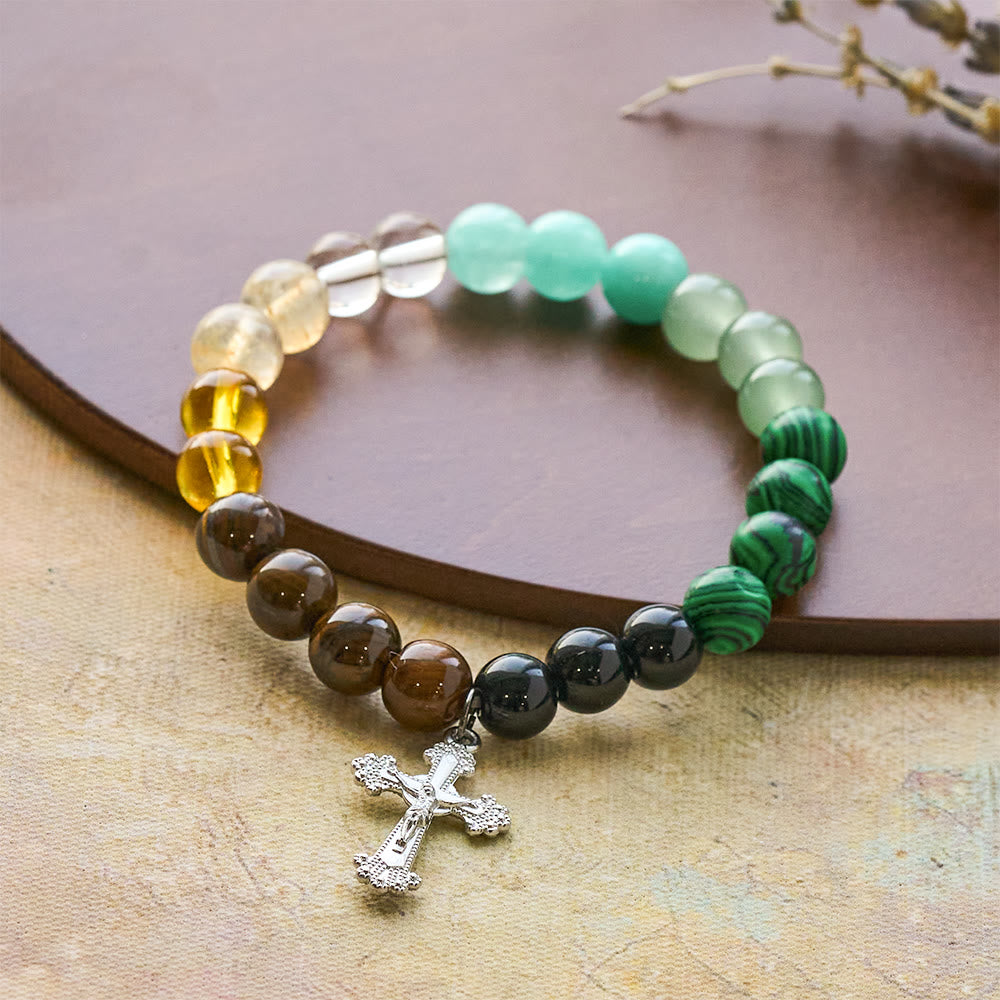 Pulsera de fe de piedras multinaturales con piedras surtidas y cruz: Fe que brilla naturalmente