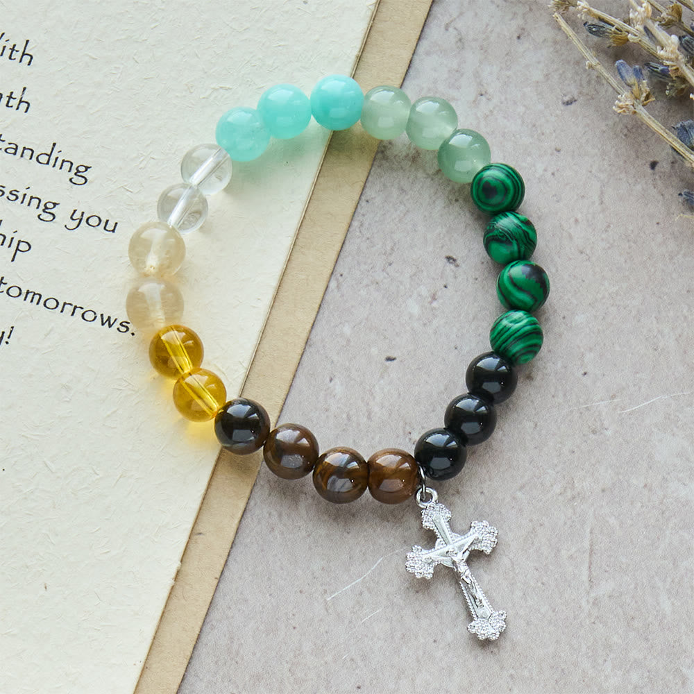 Pulsera de fe de piedras multinaturales con piedras surtidas y cruz: Fe que brilla naturalmente