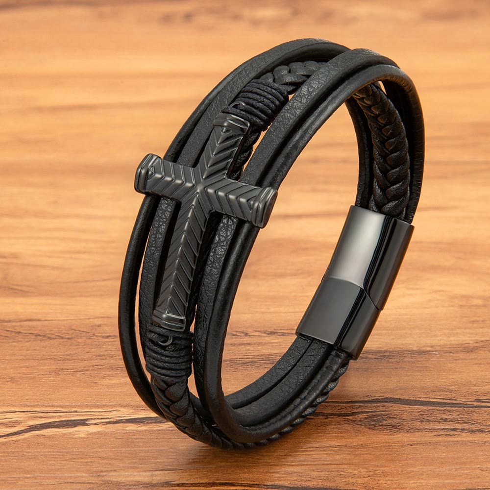 Bracelet en Cuir Croix Triple : Une Foi Personnalisée à Chaque Brin
