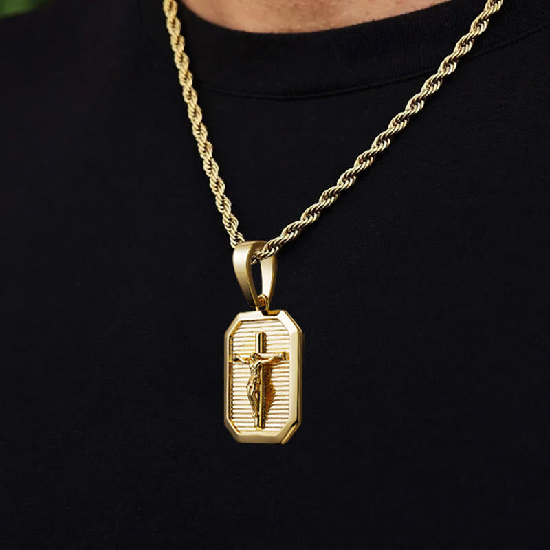 Collar de placa de identificación con crucifijo: Su sacrificio, cerca de tu corazón