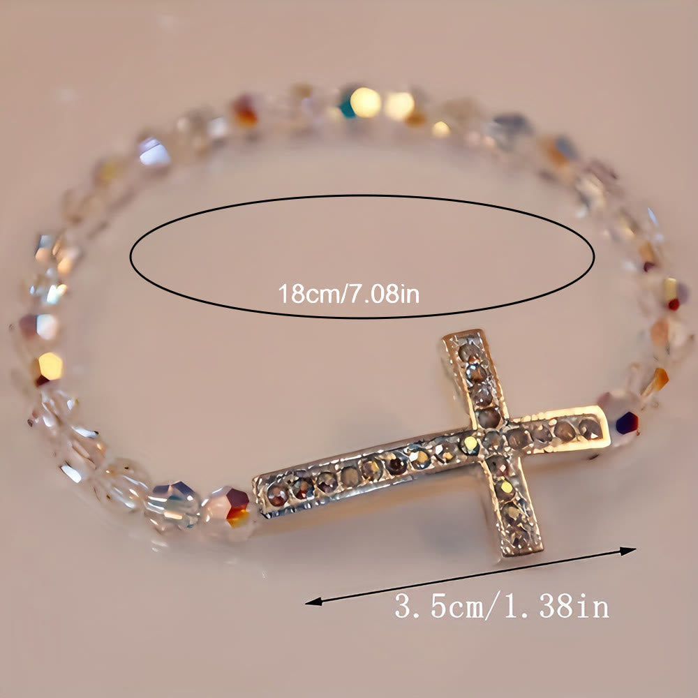Bracelet Croix Blanc & Bleu Paon : La Foi Enlacée de Reflets Scintillants