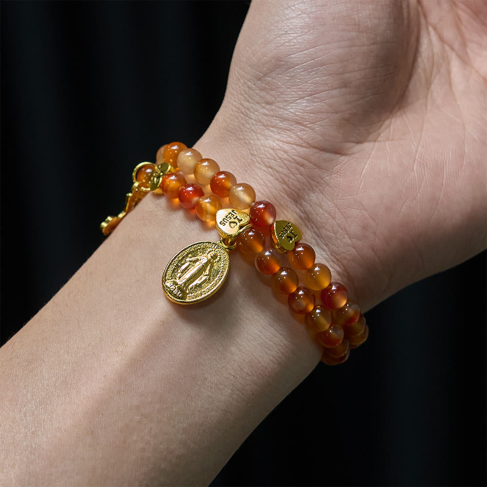 Pulsera Rosario de Caramelo Cálido con Acento JESÚS y Compañero de Fe de Nuestra Señora