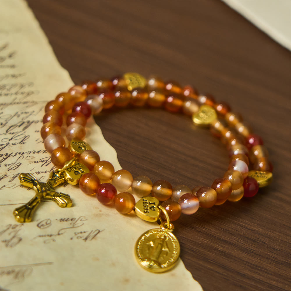 Pulsera Rosario de Caramelo Cálido con Acento JESÚS y Compañero de Fe de Nuestra Señora