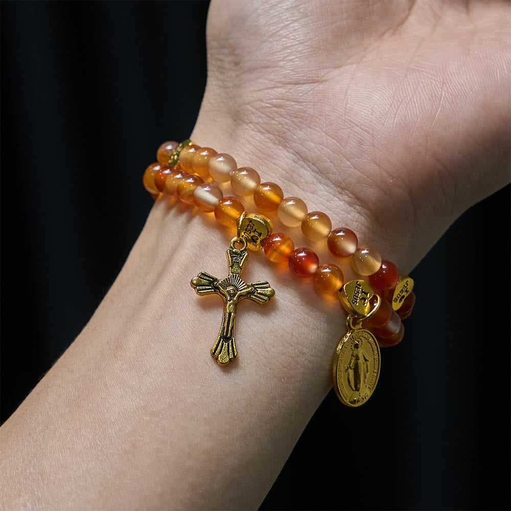 Pulsera Rosario de Caramelo Cálido con Acento JESÚS y Compañero de Fe de Nuestra Señora