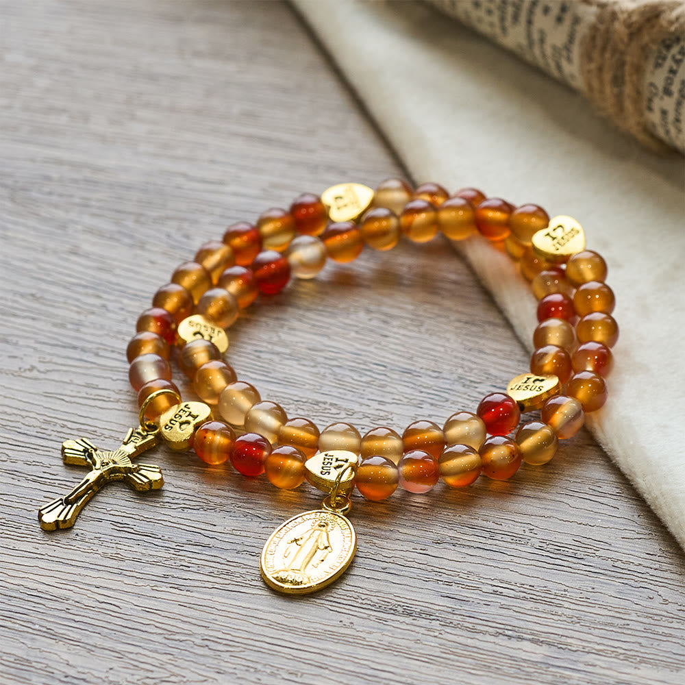 Pulsera Rosario de Caramelo Cálido con Acento JESÚS y Compañero de Fe de Nuestra Señora