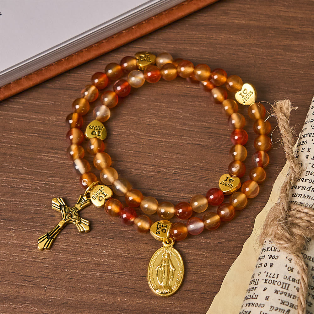 Pulsera Rosario de Caramelo Cálido con Acento JESÚS y Compañero de Fe de Nuestra Señora