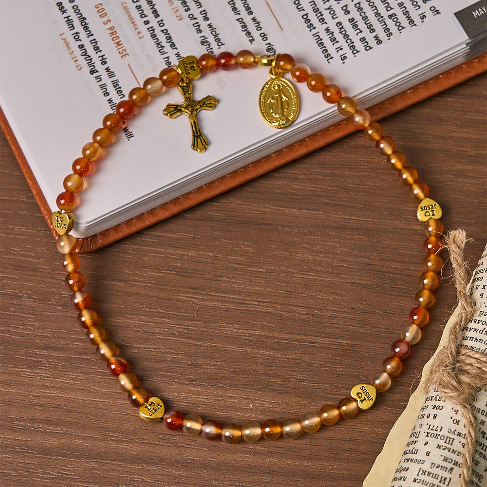 Pulsera Rosario de Caramelo Cálido con Acento JESÚS y Compañero de Fe de Nuestra Señora