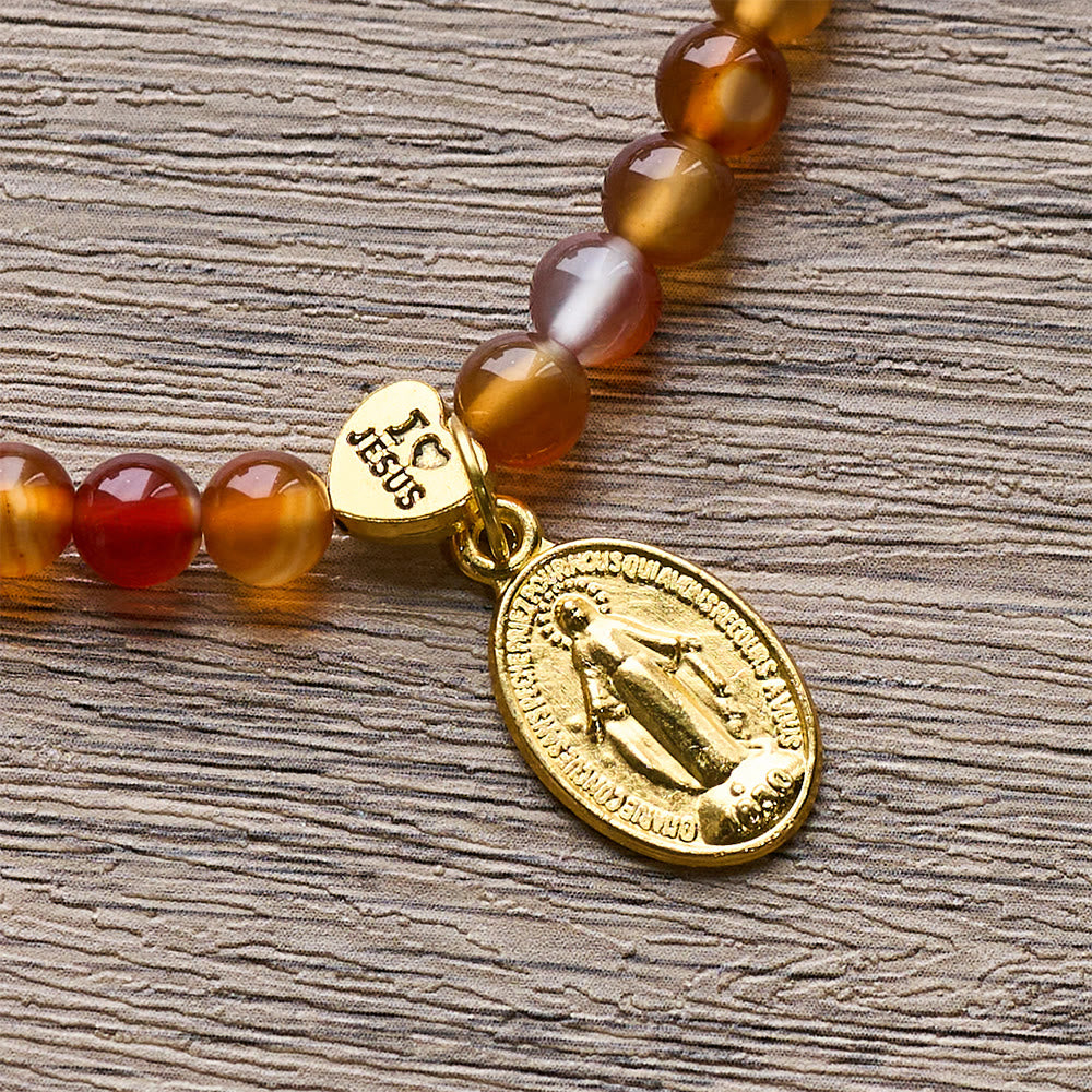 Pulsera Rosario de Caramelo Cálido con Acento JESÚS y Compañero de Fe de Nuestra Señora