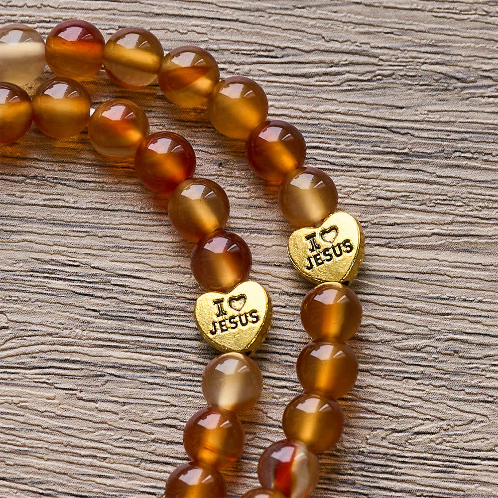 Pulsera Rosario de Caramelo Cálido con Acento JESÚS y Compañero de Fe de Nuestra Señora