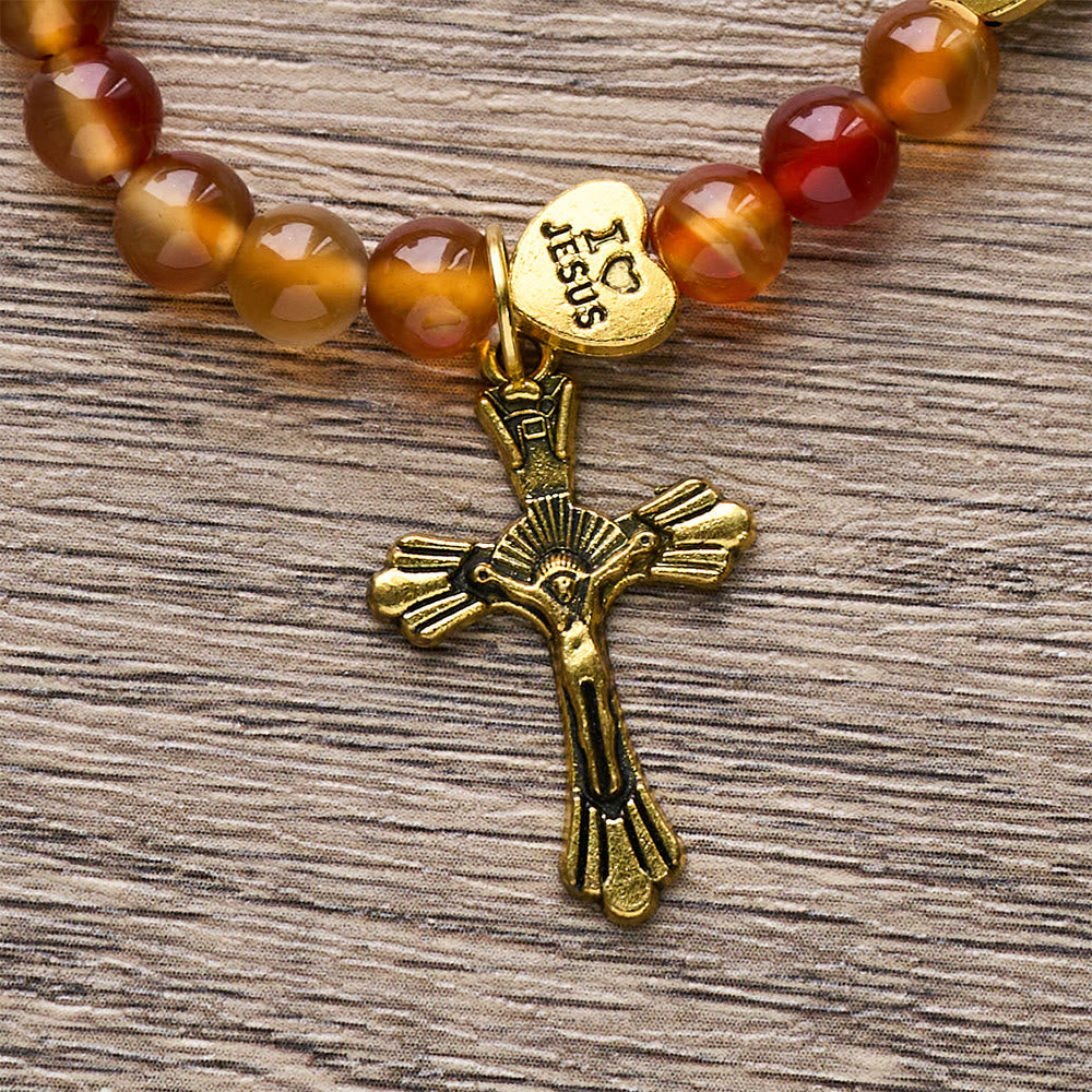 Pulsera Rosario de Caramelo Cálido con Acento JESÚS y Compañero de Fe de Nuestra Señora