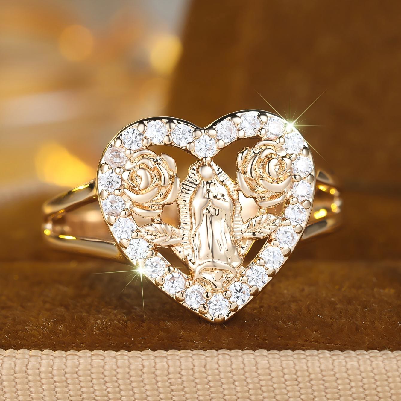 Anillo con Motivo de Nuestra Señora en Forma de Corazón y Detalles de Rosa: Lleva Su Cuidado en el Uso Diario